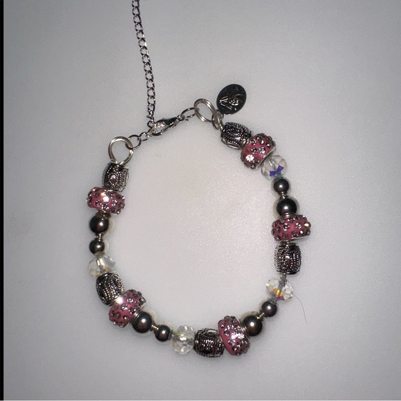 Pink Crystal Encrusted Donut & Silvertone Beaded Bracelet - Picture 4 of 6